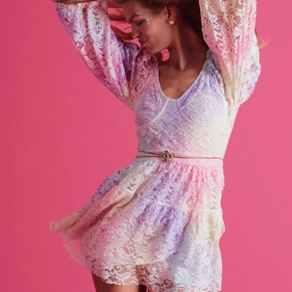 LOVESHACKFANCY Alela long sleeve pastel Tie dye lace mini party dress women’s 6